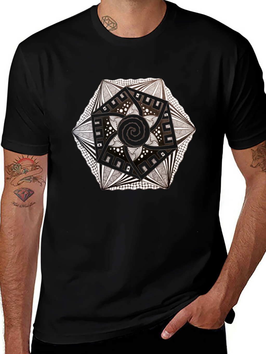Geometric Mandala Tee - Black Artistic Design