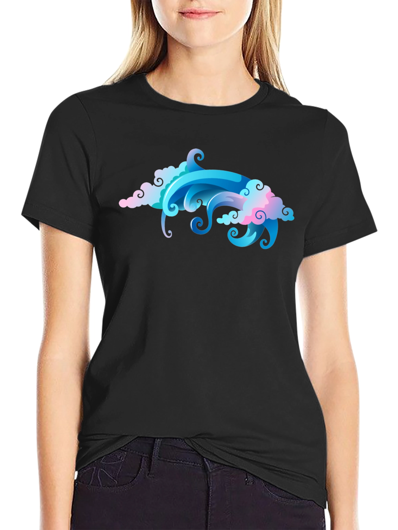 Cool Cloud & Wave Graphic Black T-Shirt