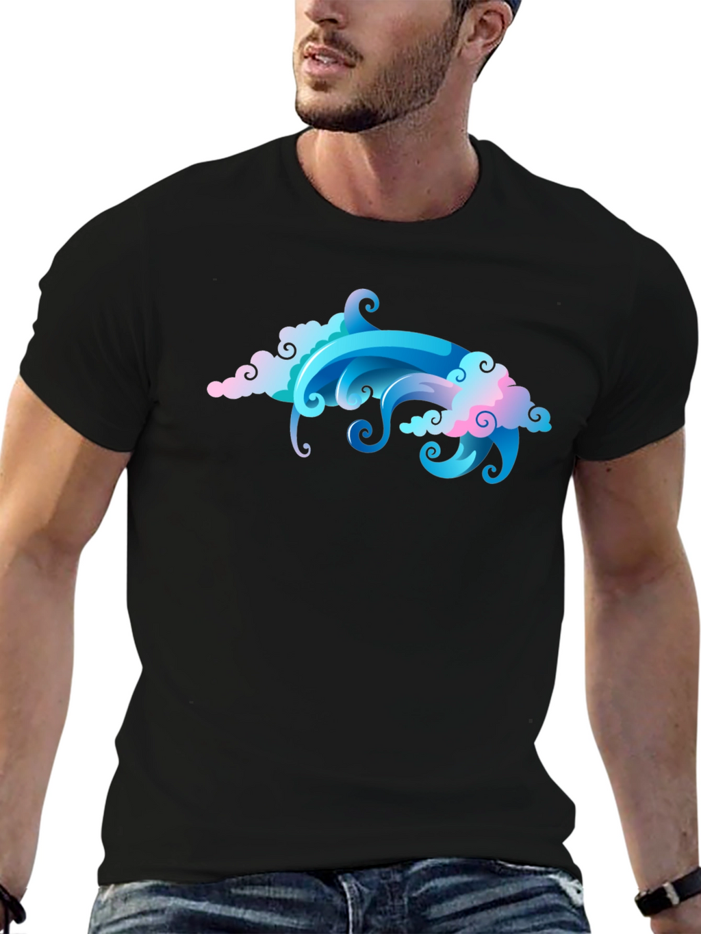 Cool Cloud & Wave Graphic Black T-Shirt