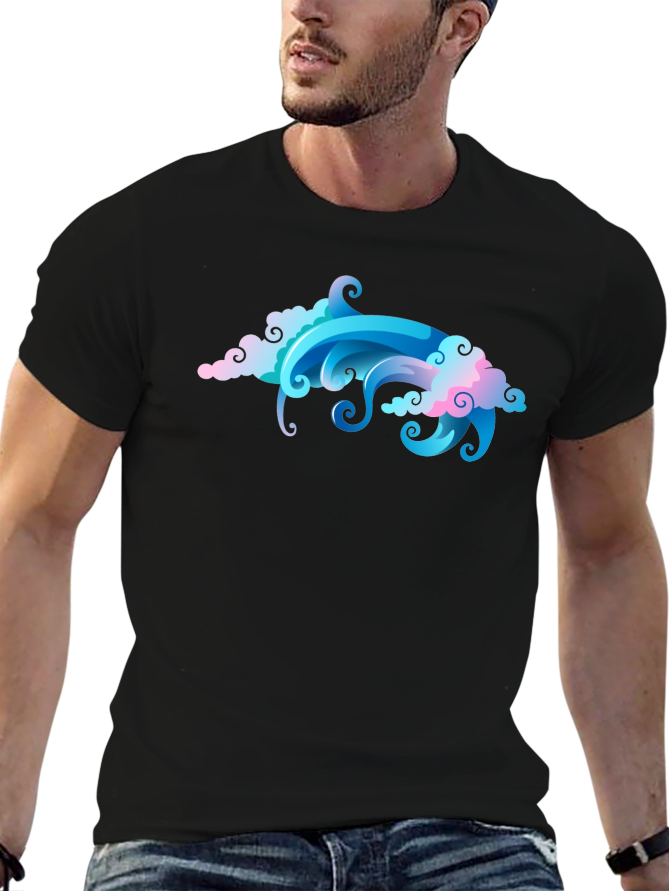 Cool Cloud & Wave Graphic Black T-Shirt