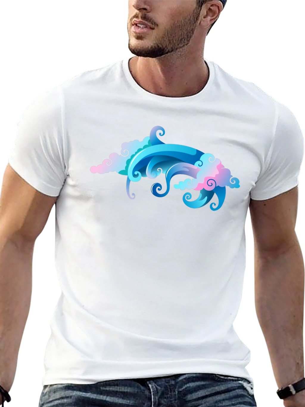 Cool Cloud & Wave Graphic Black T-Shirt