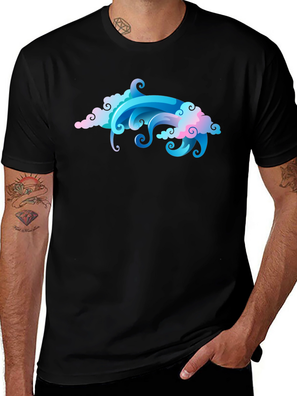 Cool Cloud & Wave Graphic Black T-Shirt
