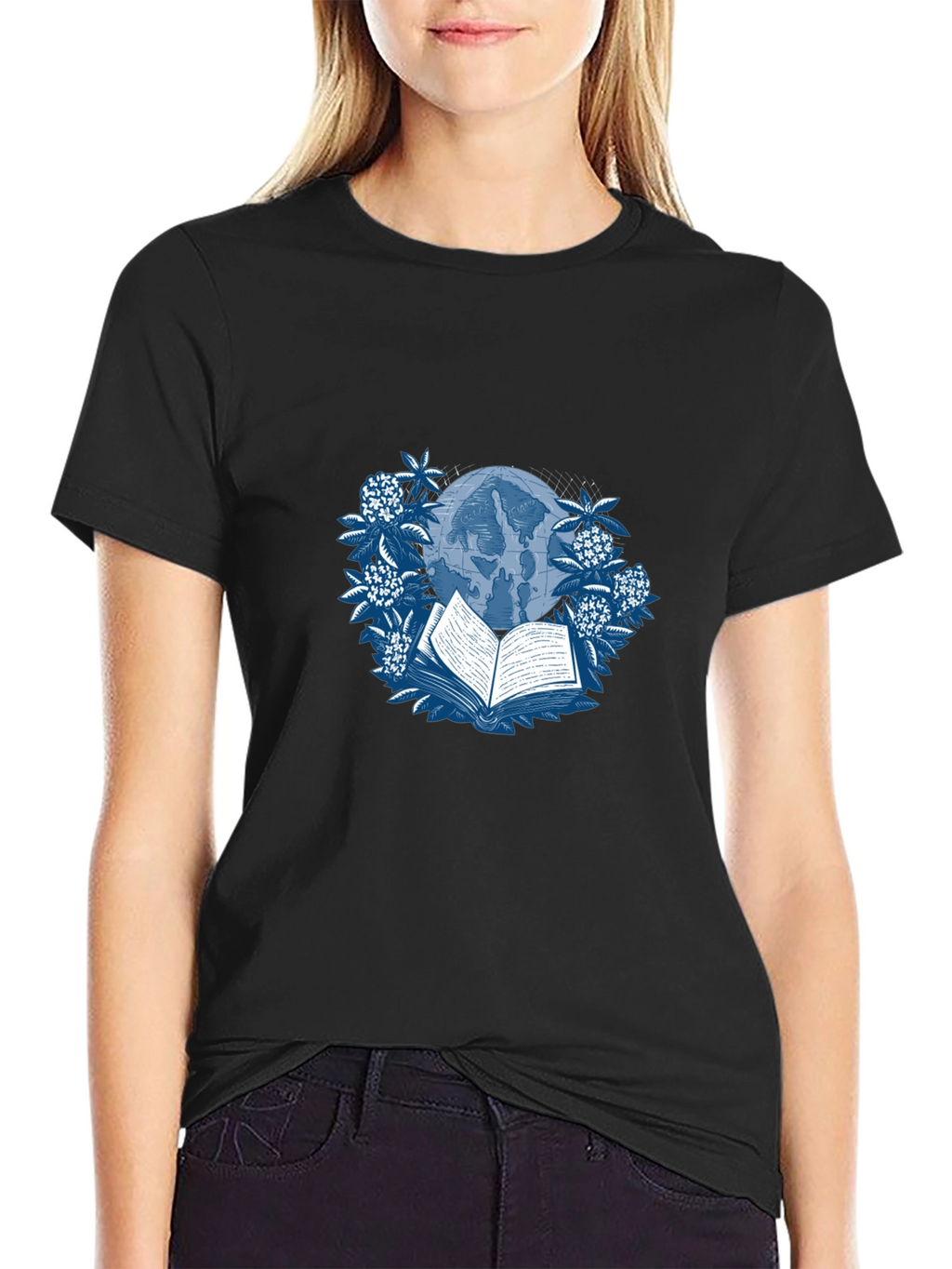 Book & Globe Graphic Tee - Black Cotton T-Shirt