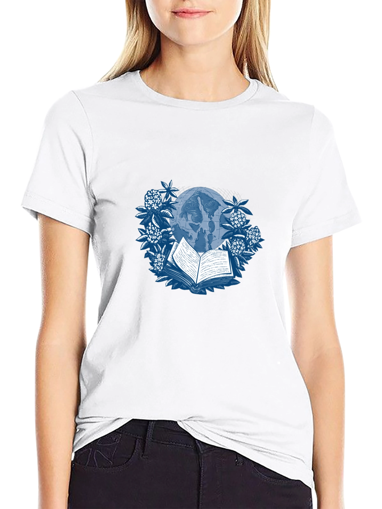Book & Globe Graphic Tee - Black Cotton T-Shirt