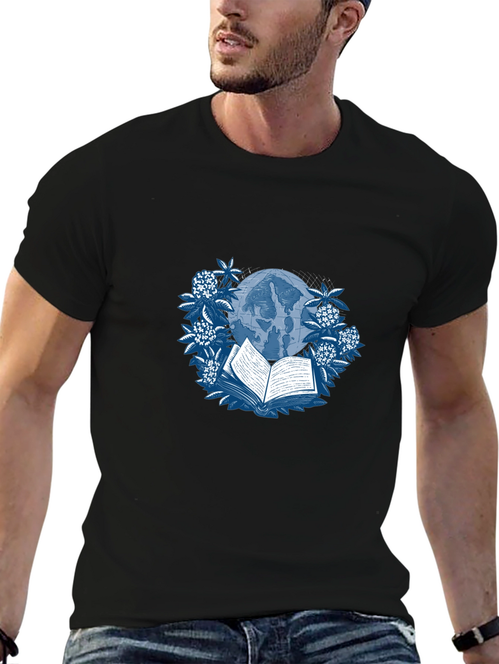 Book & Globe Graphic Tee - Black Cotton T-Shirt