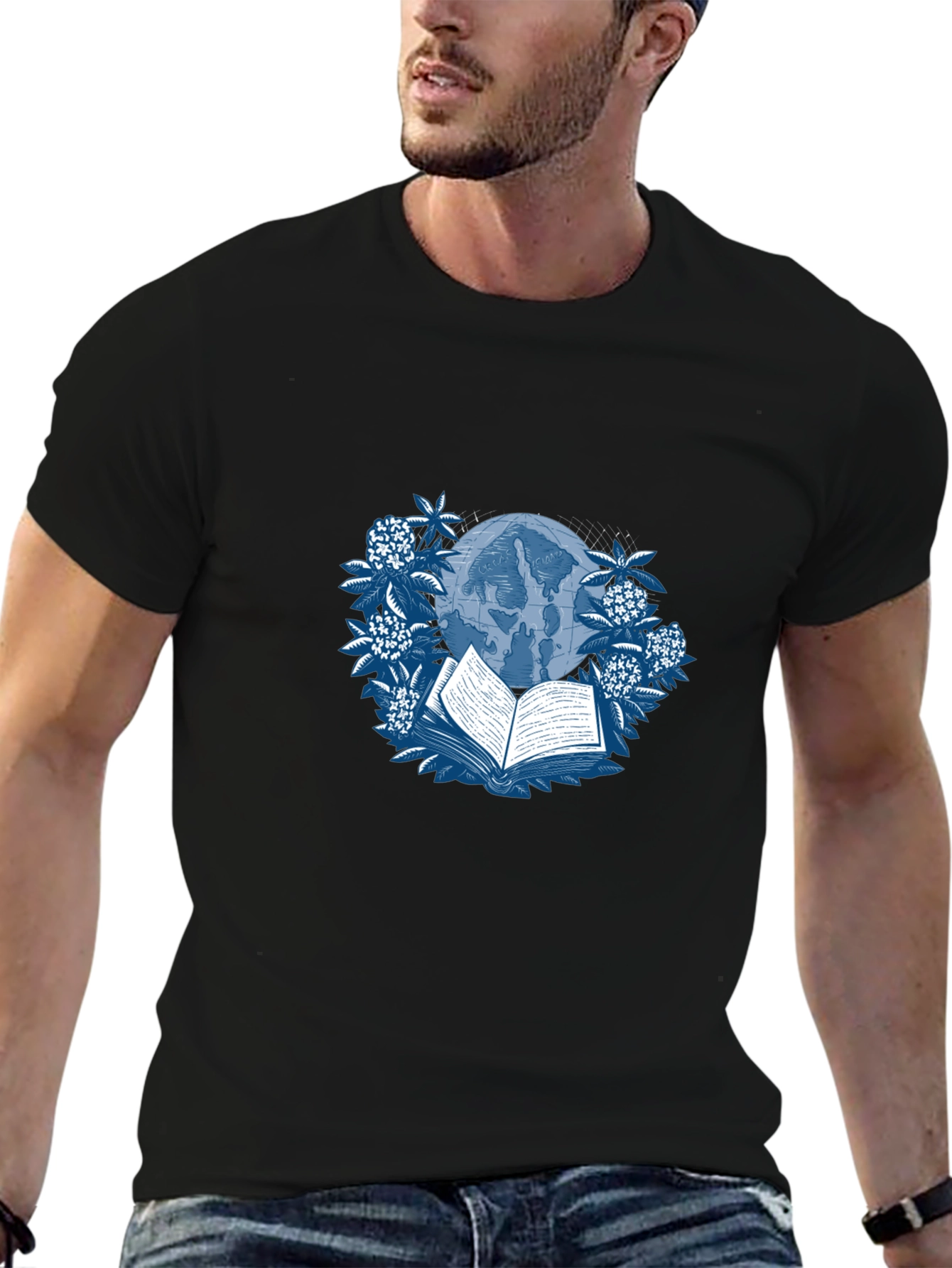 Book & Globe Graphic Tee - Black Cotton T-Shirt