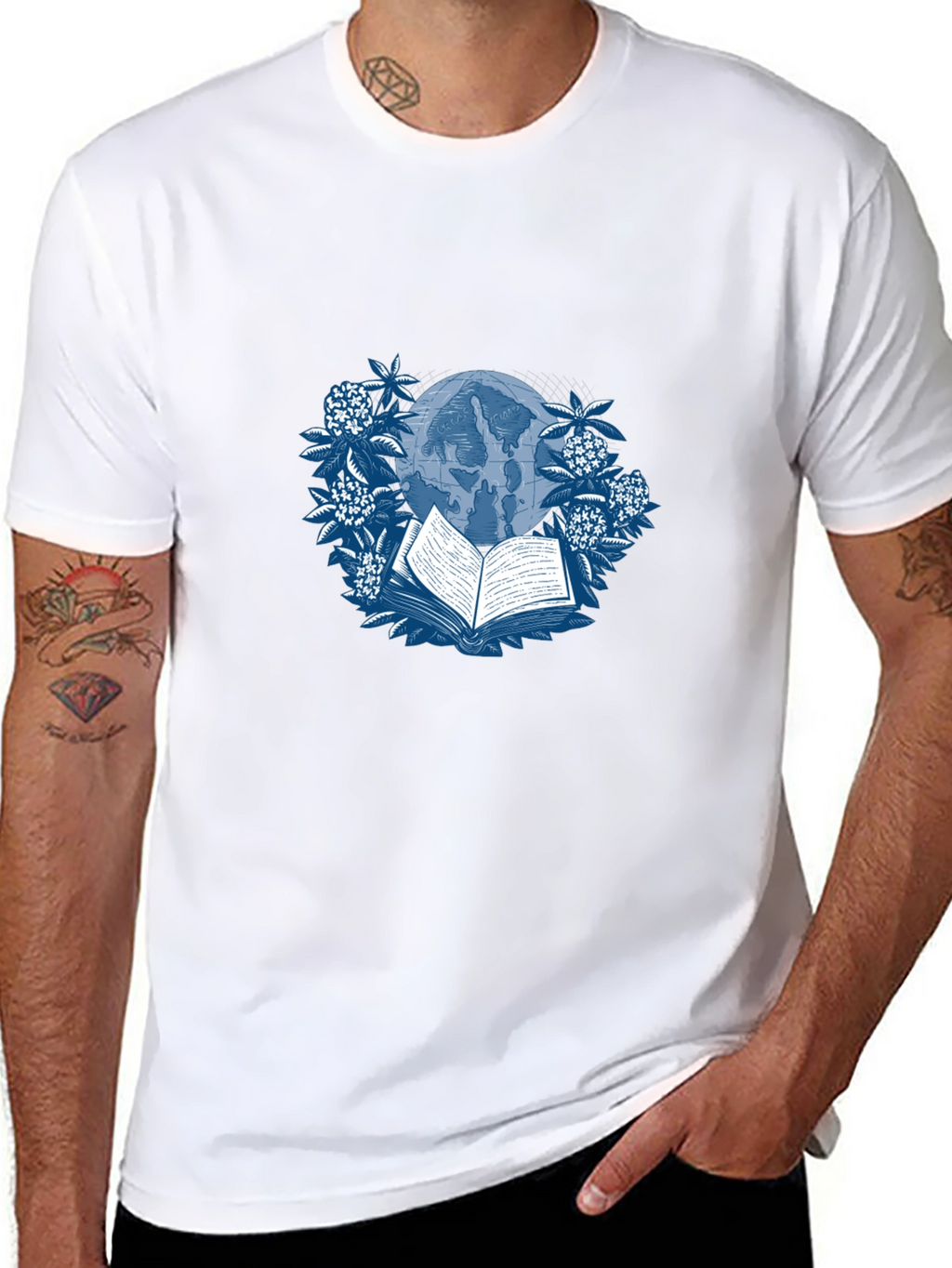 Book & Globe Graphic Tee - Black Cotton T-Shirt