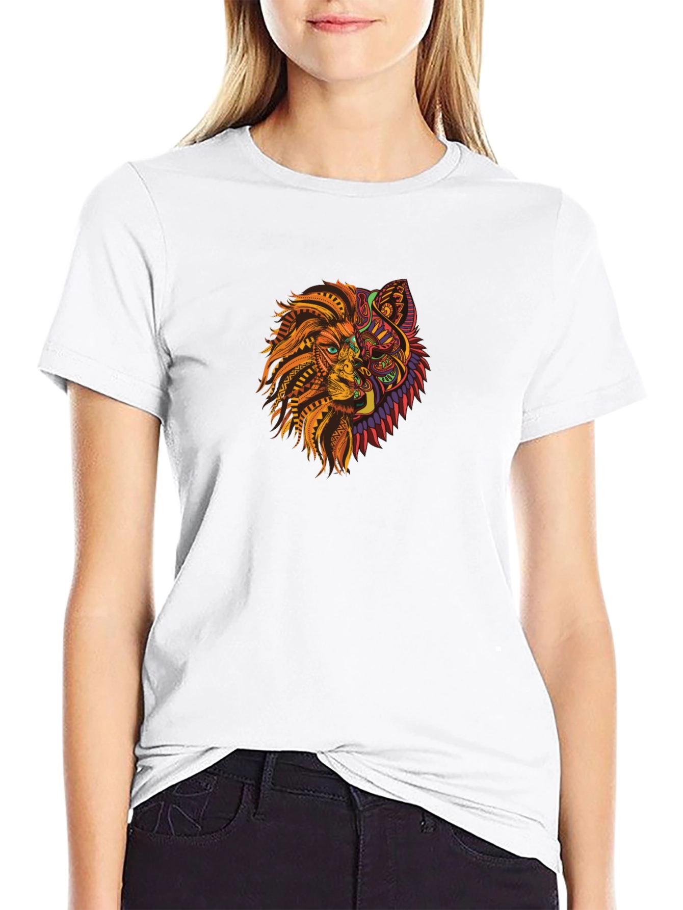 Tribal Lion Wolf Graphic Black T-Shirt
