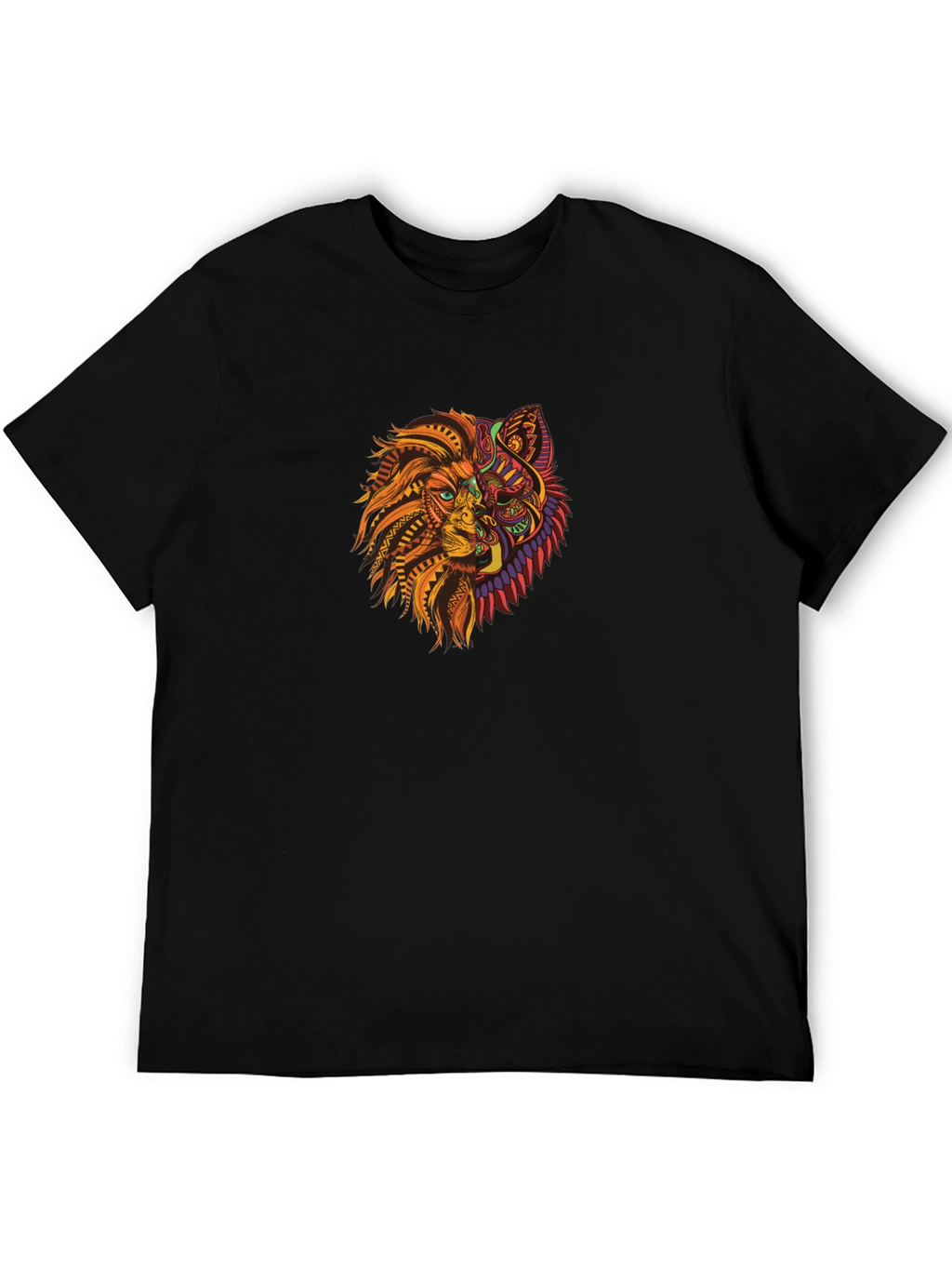 Tribal Lion Wolf Graphic Black T-Shirt