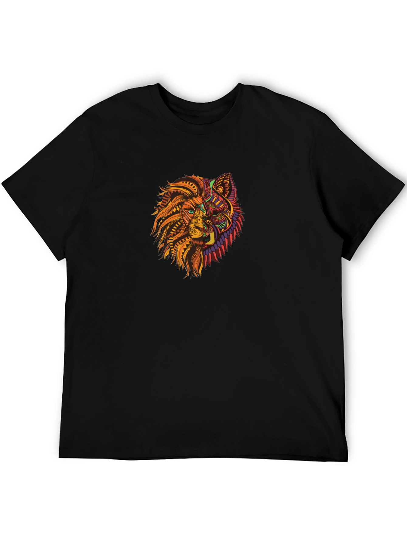 Tribal Lion Wolf Graphic Black T-Shirt