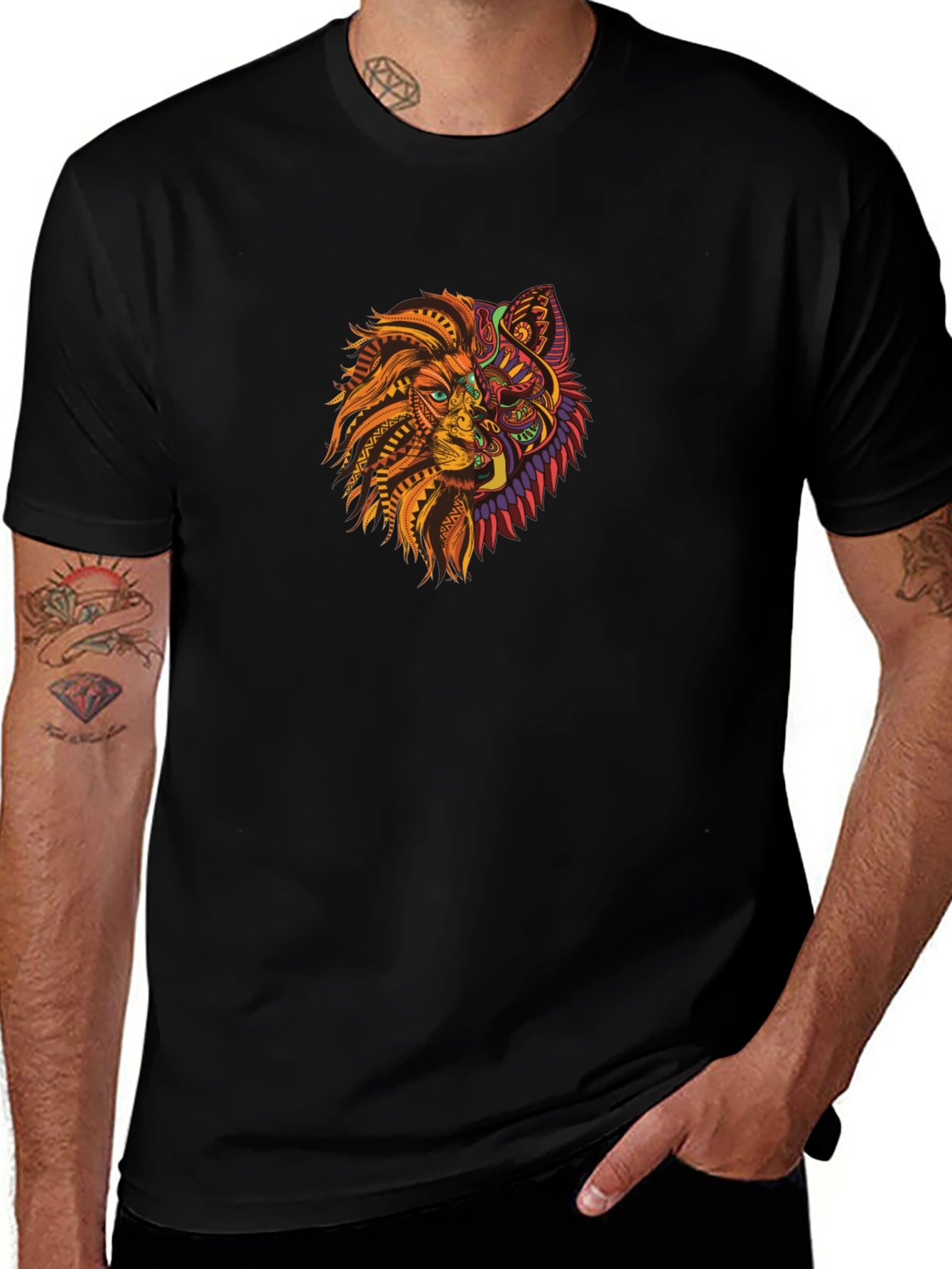 Tribal Lion Wolf Graphic Black T-Shirt