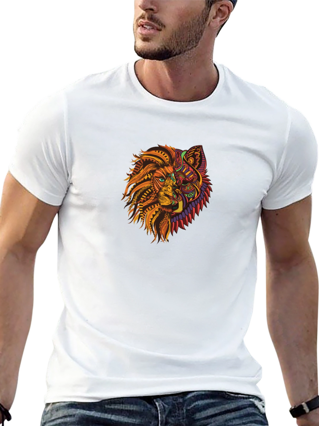 Tribal Lion Wolf Graphic Black T-Shirt