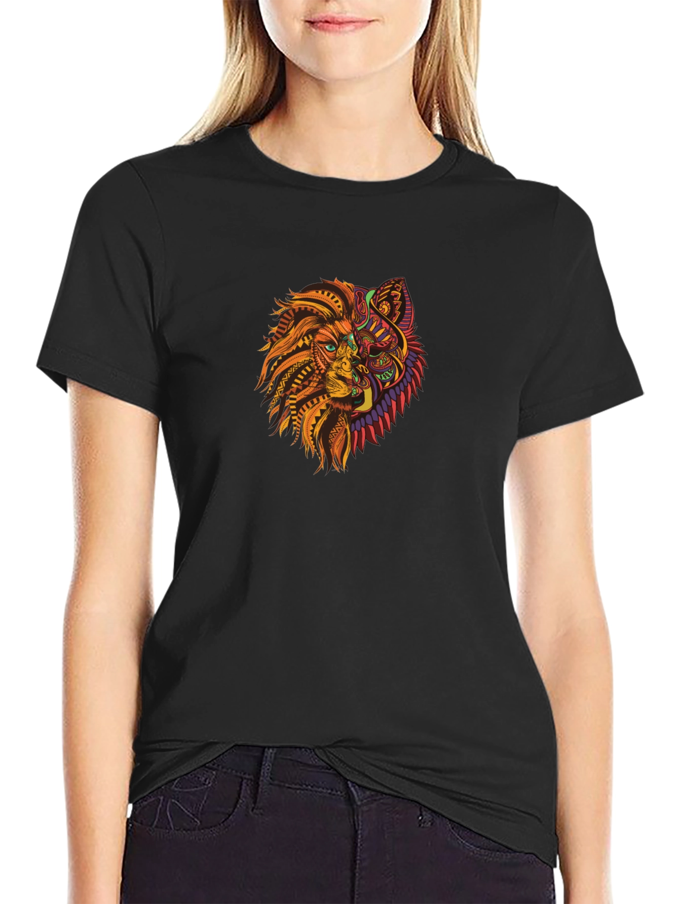 Tribal Lion Wolf Graphic Black T-Shirt