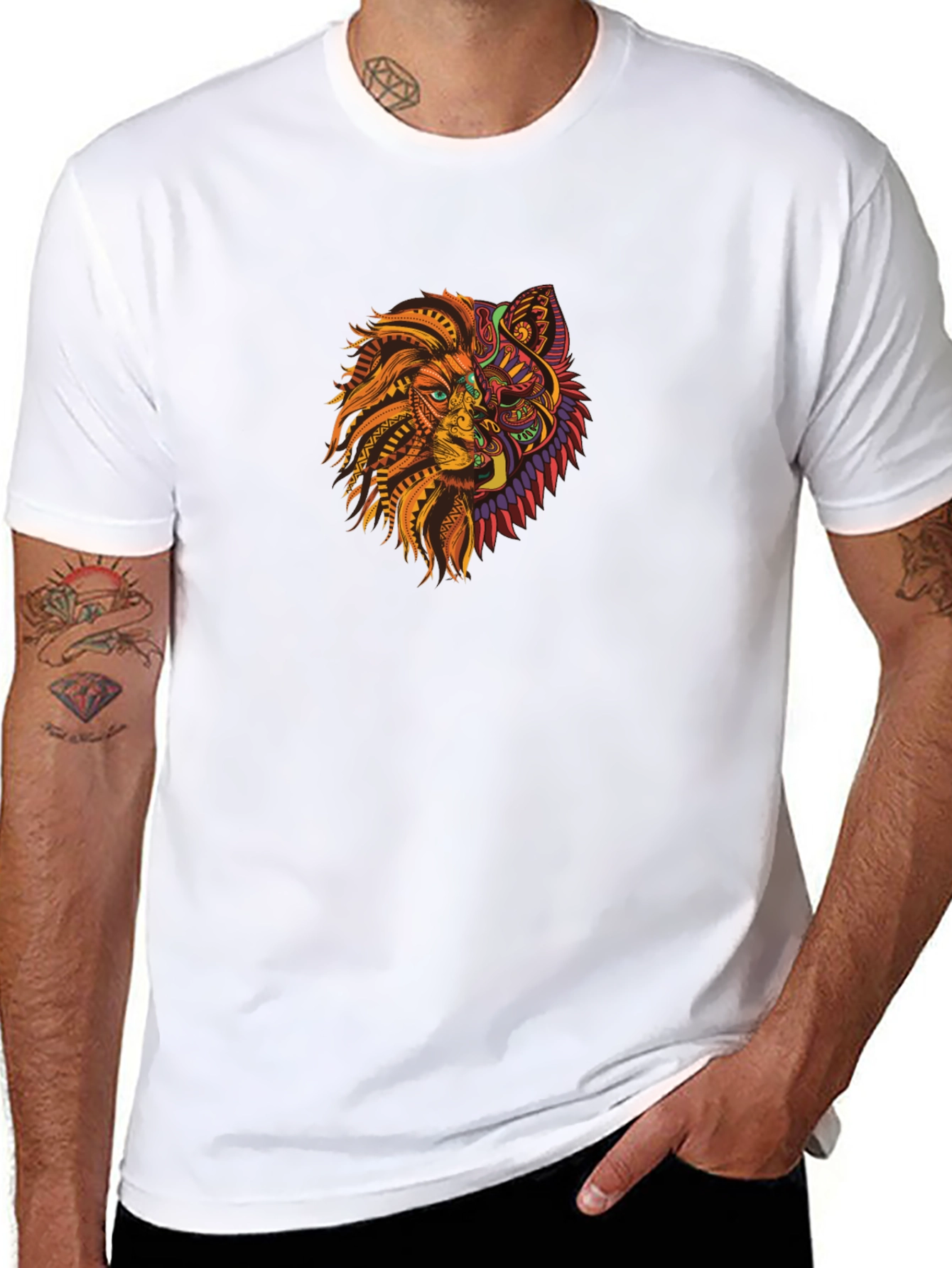 Tribal Lion Wolf Graphic Black T-Shirt