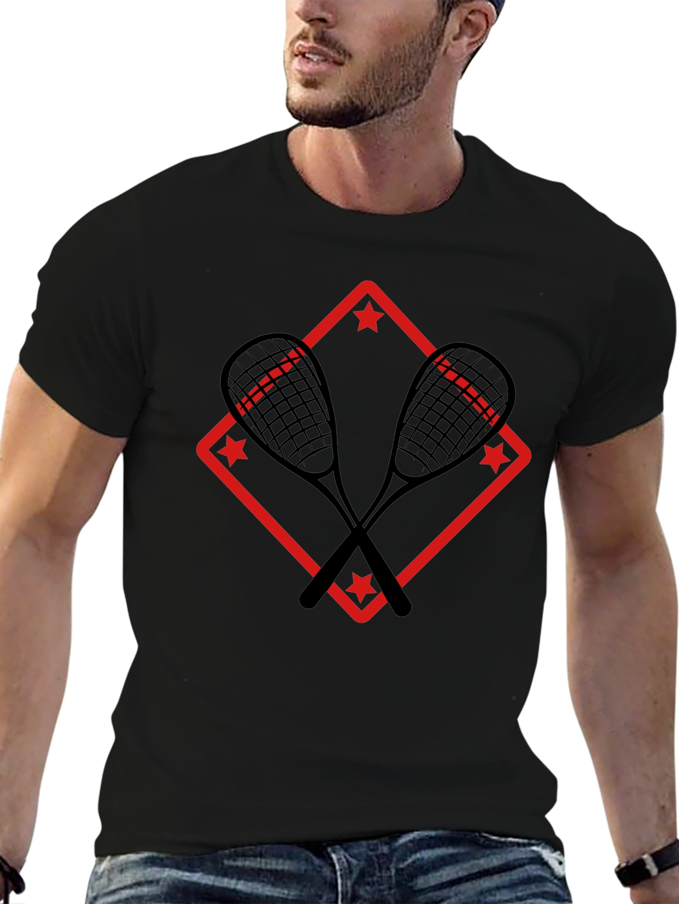 Squash Racket Graphic Tee - Black Cotton T-Shirt
