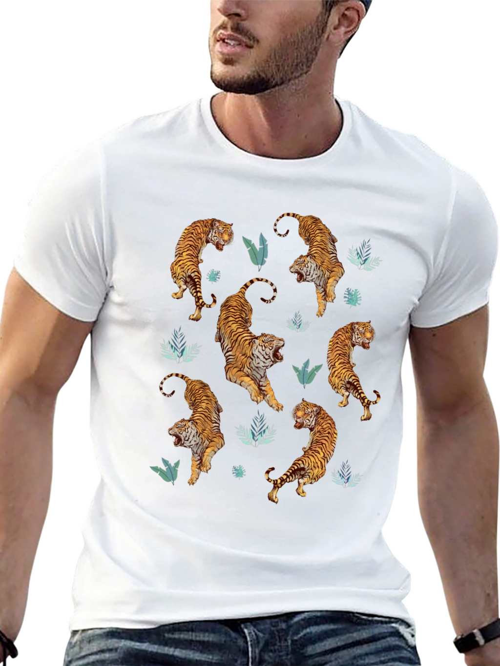 Tiger Print Mens Black Graphic Tee