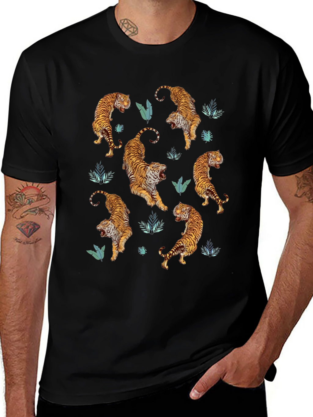 Tiger Print Mens Black Graphic Tee