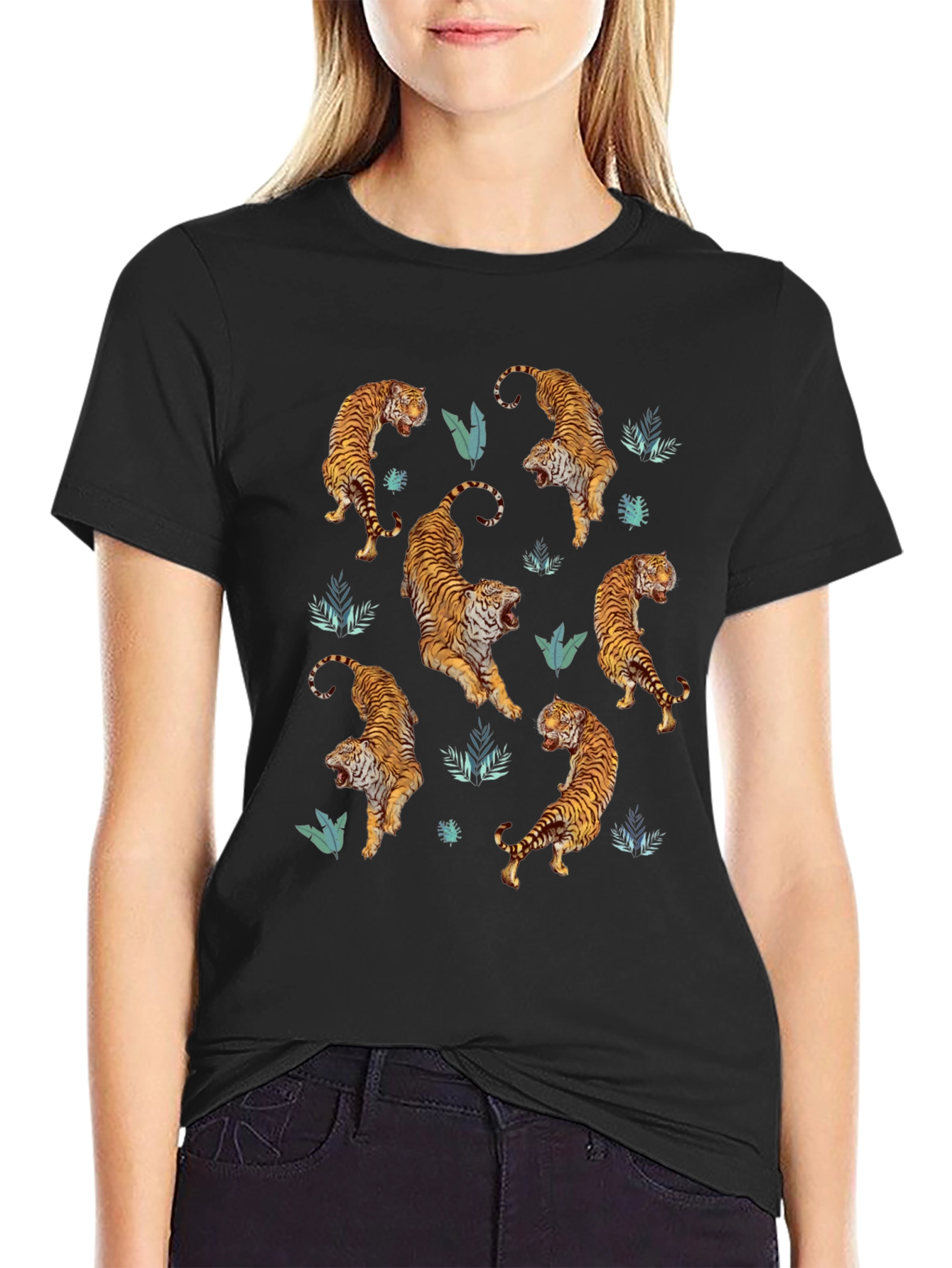 Tiger Print Mens Black Graphic Tee