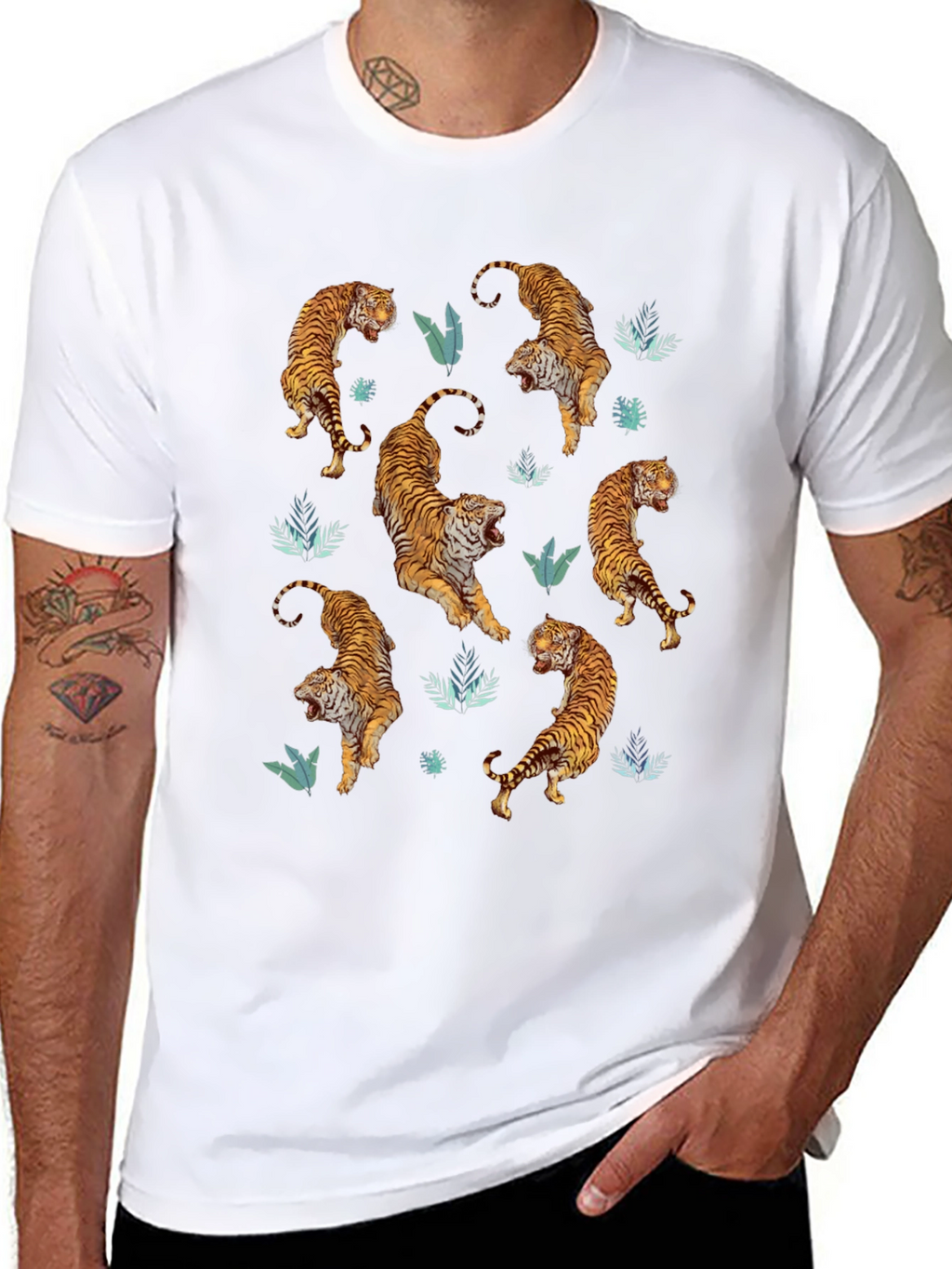 Tiger Print Mens Black Graphic Tee