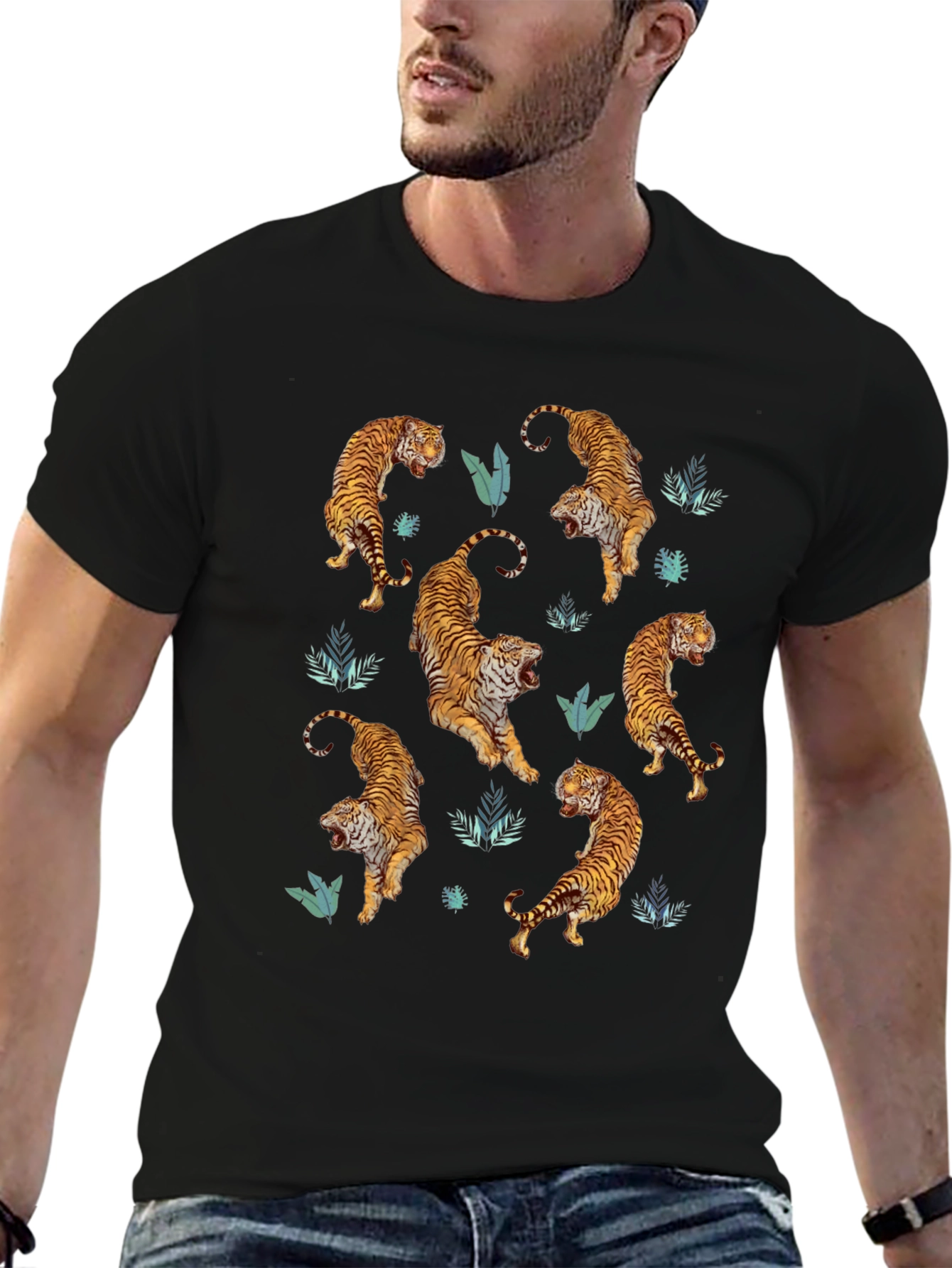 Tiger Print Mens Black Graphic Tee