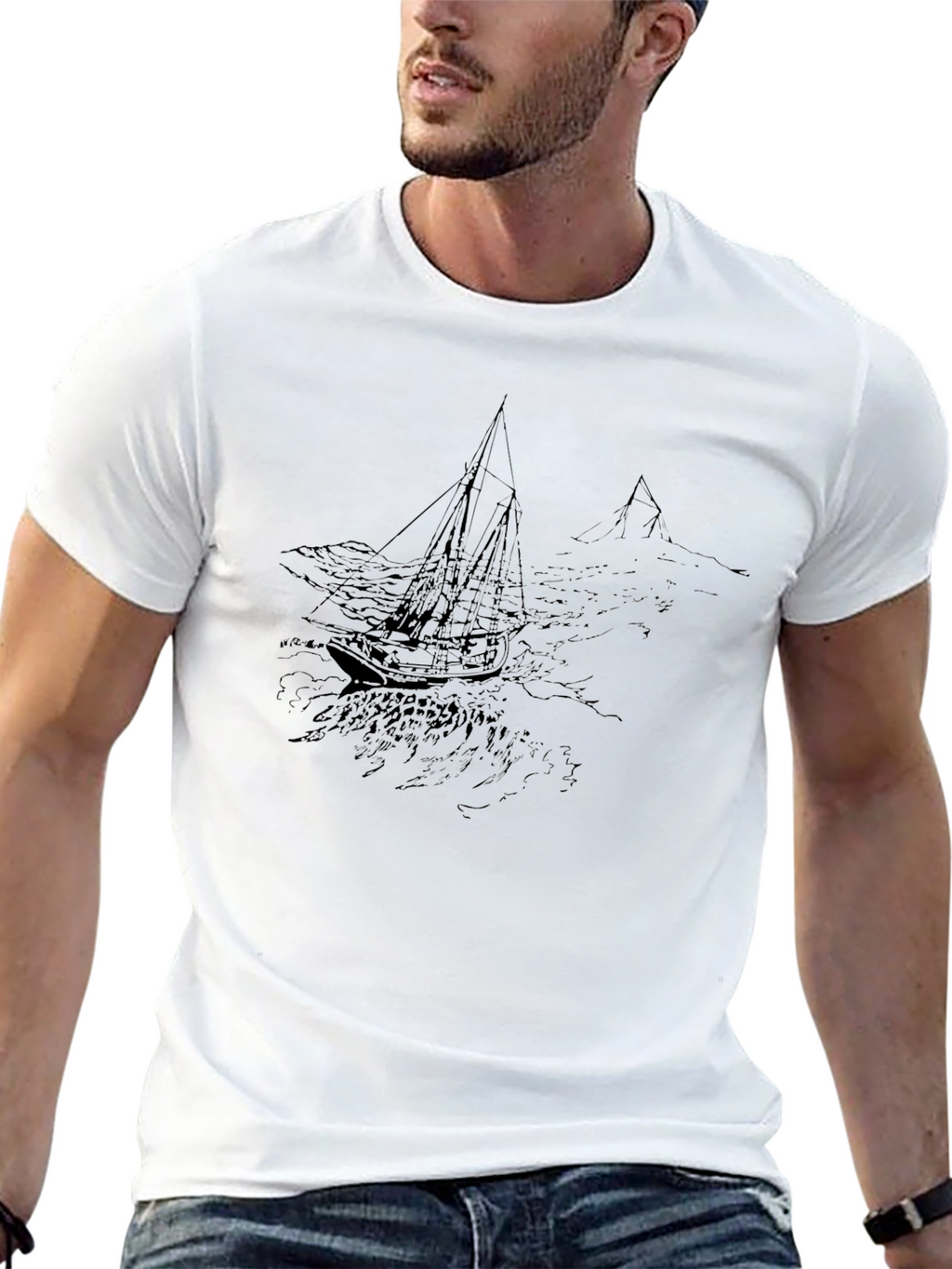 Mens Black Graphic T-Shirt - Nautical Scene