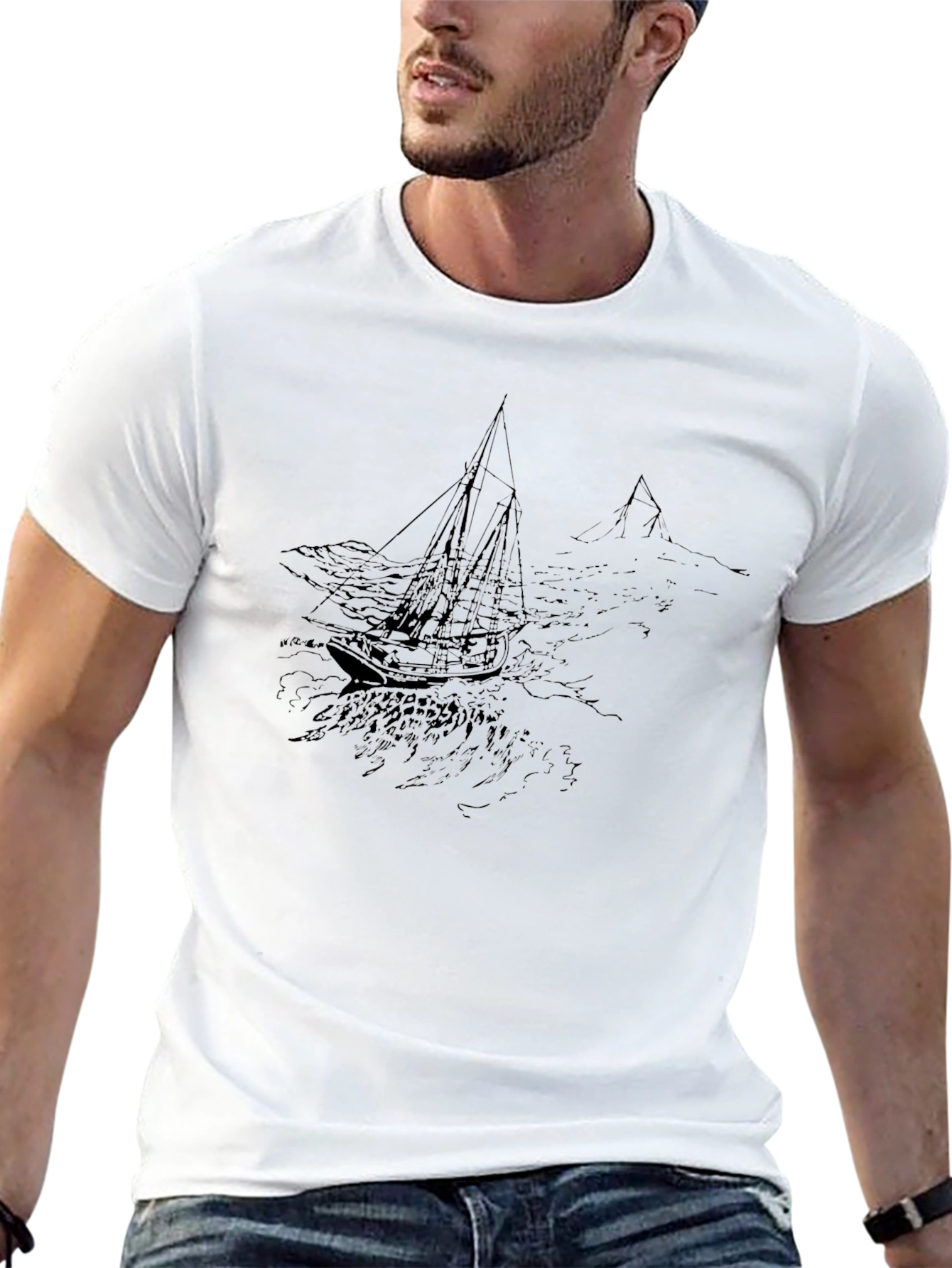 Mens Black Graphic T-Shirt - Nautical Scene