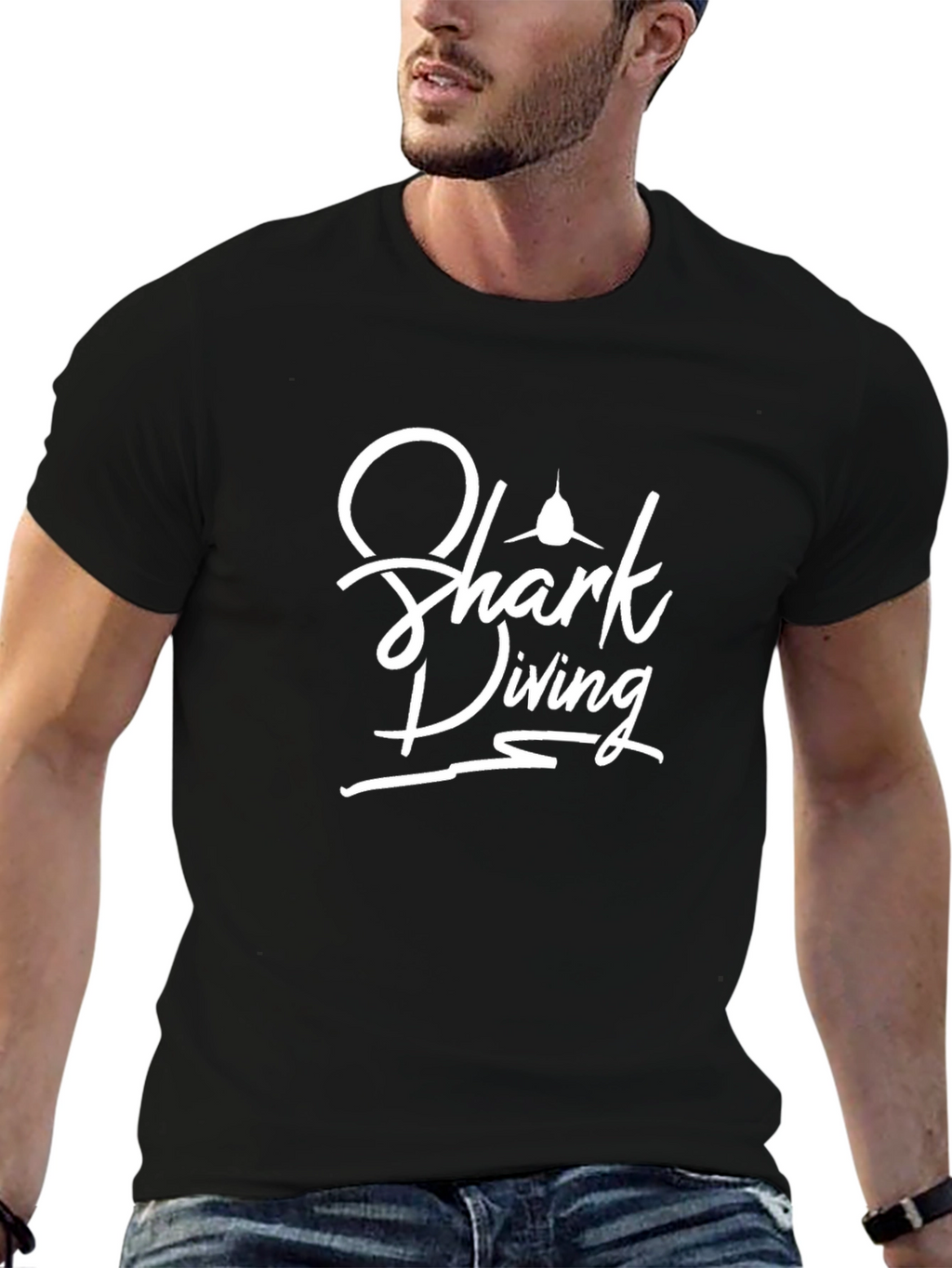 Shark Diving Graphic Tee - Black Cotton T-Shirt