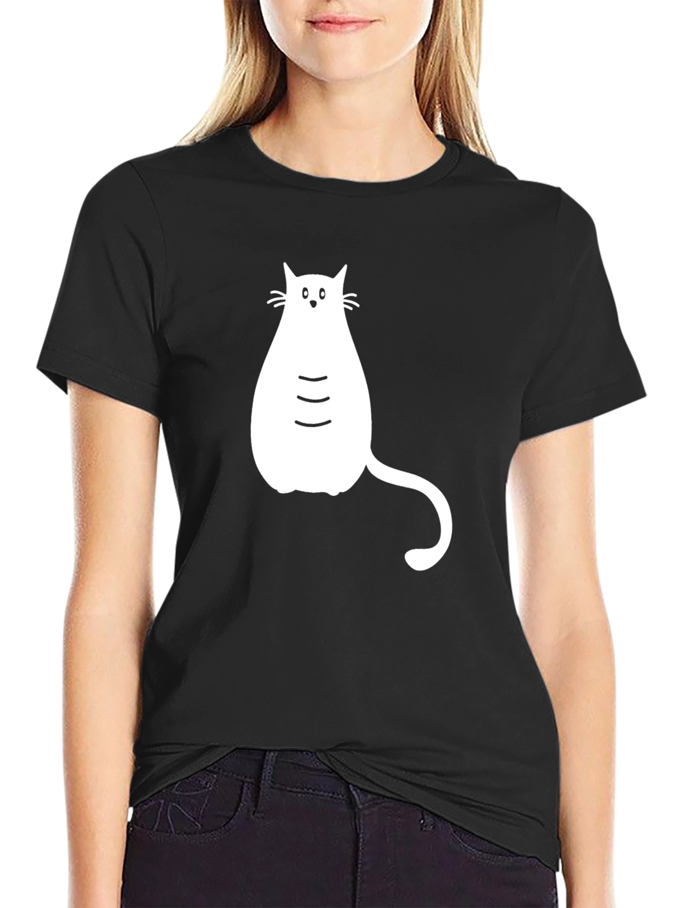 Black T-shirt with White Cat Graphic