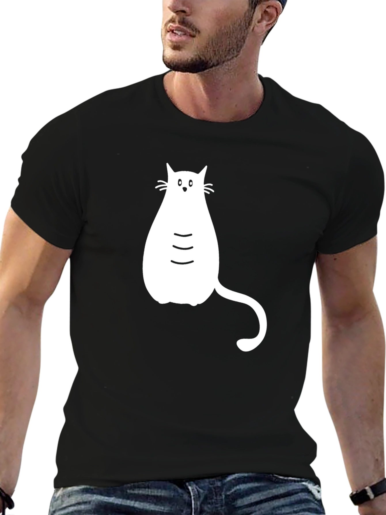 Black T-shirt with White Cat Graphic