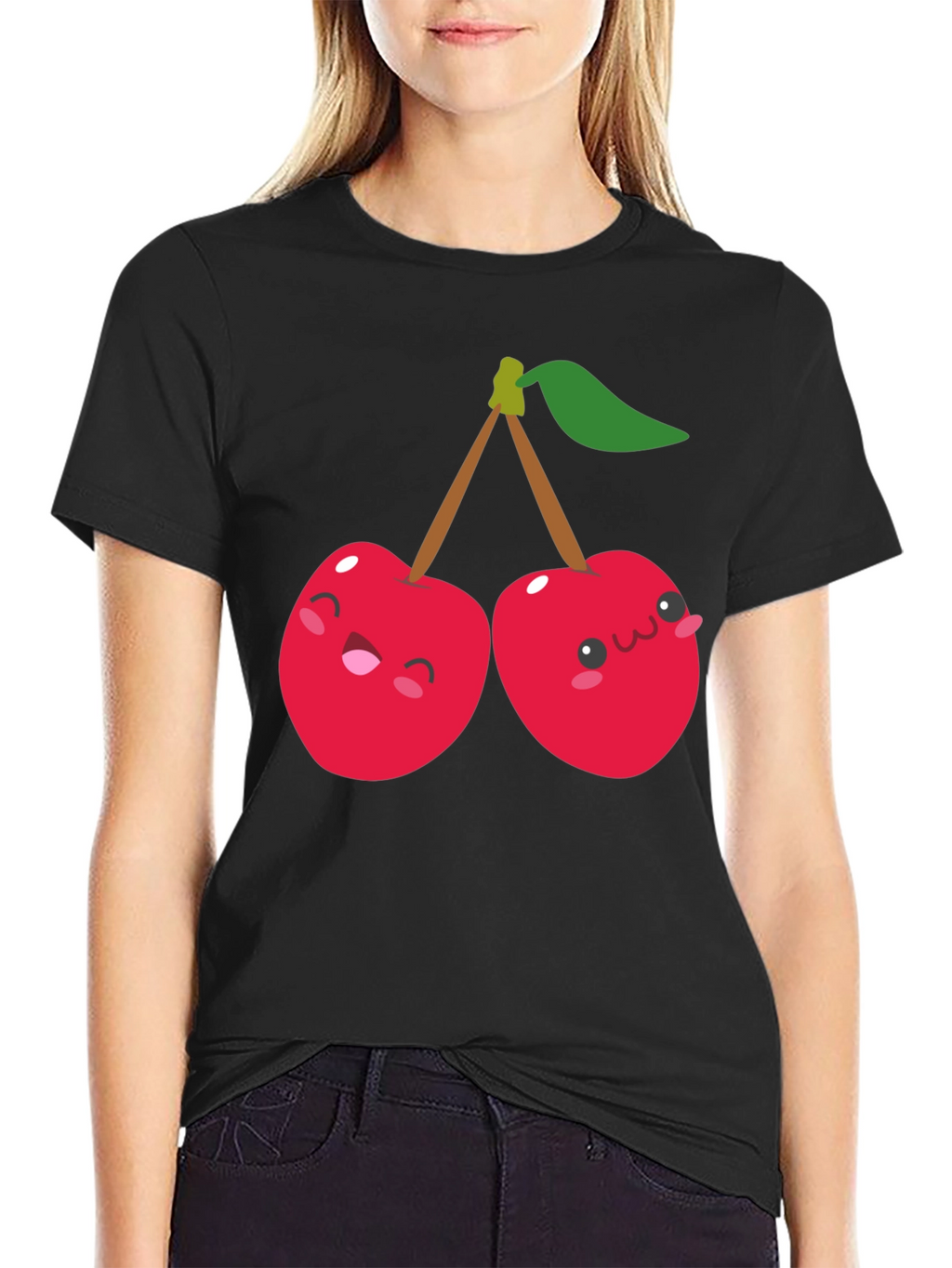 Cute Cherry Cartoon Graphic Black T-Shirt