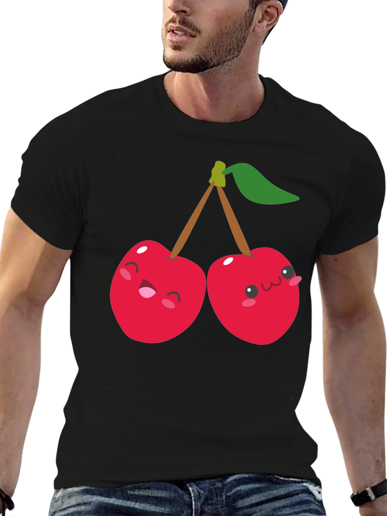 Cute Cherry Cartoon Graphic Black T-Shirt
