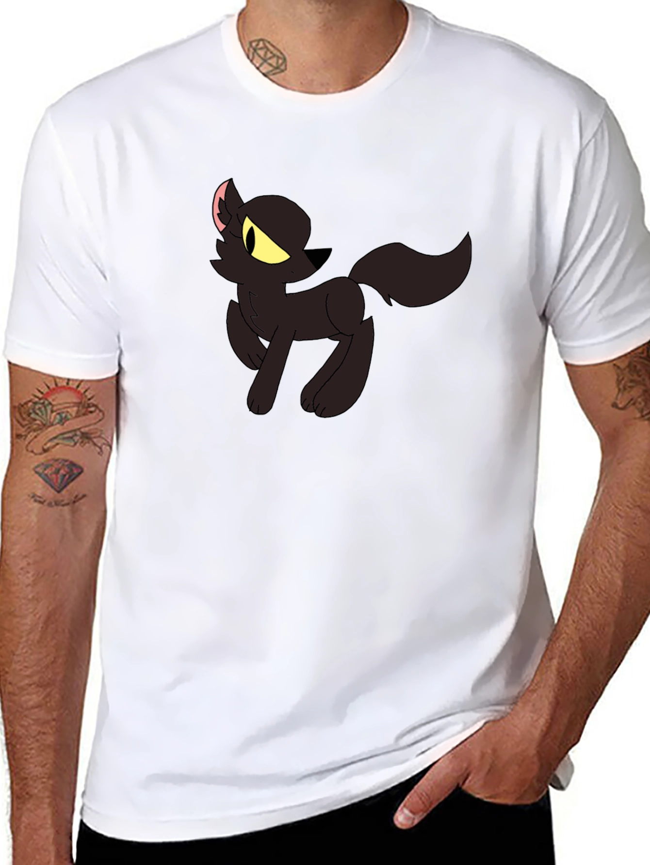 Black T-Shirt with Cartoon Wolf Design