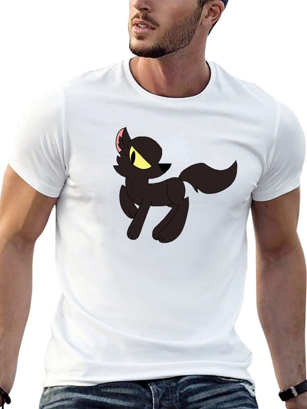 Black T-Shirt with Cartoon Wolf Design