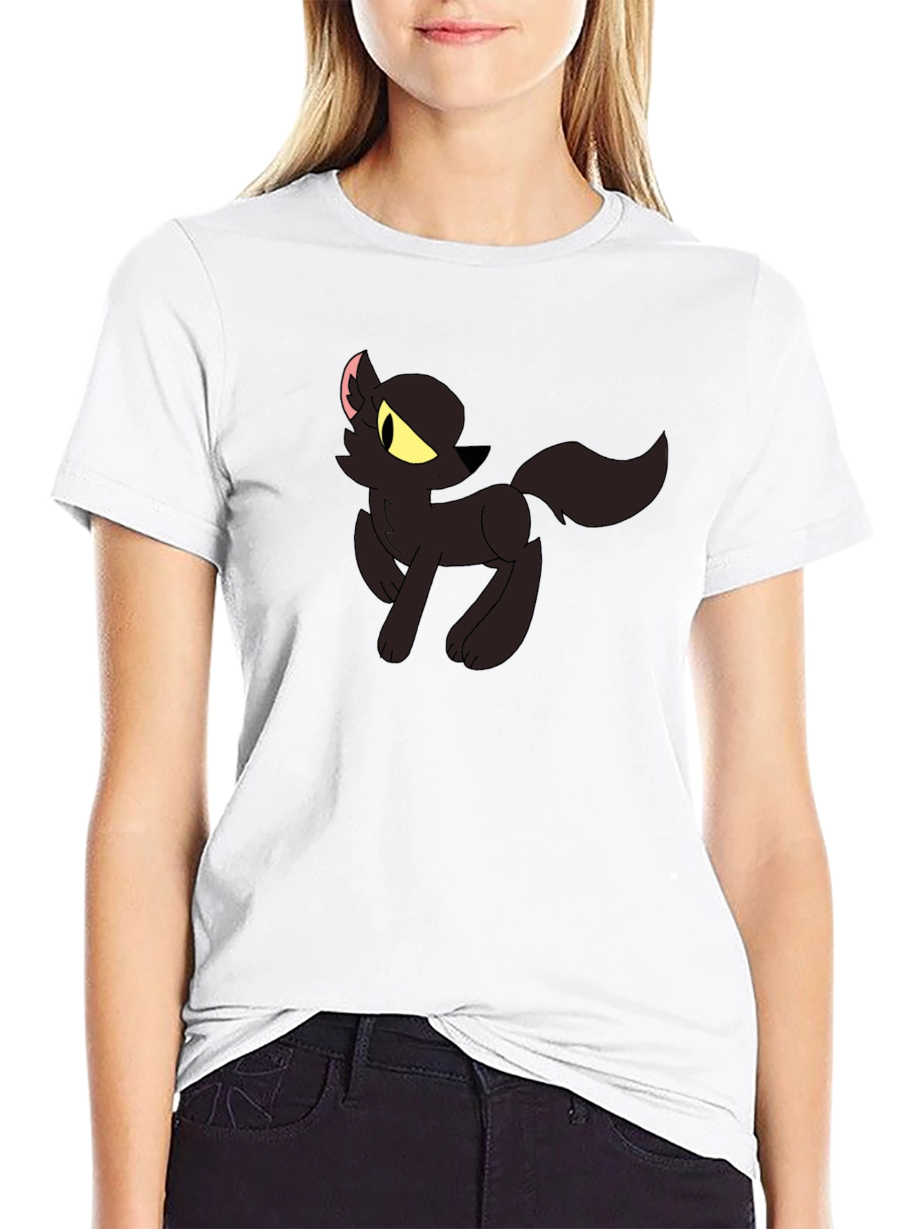Black T-Shirt with Cartoon Wolf Design