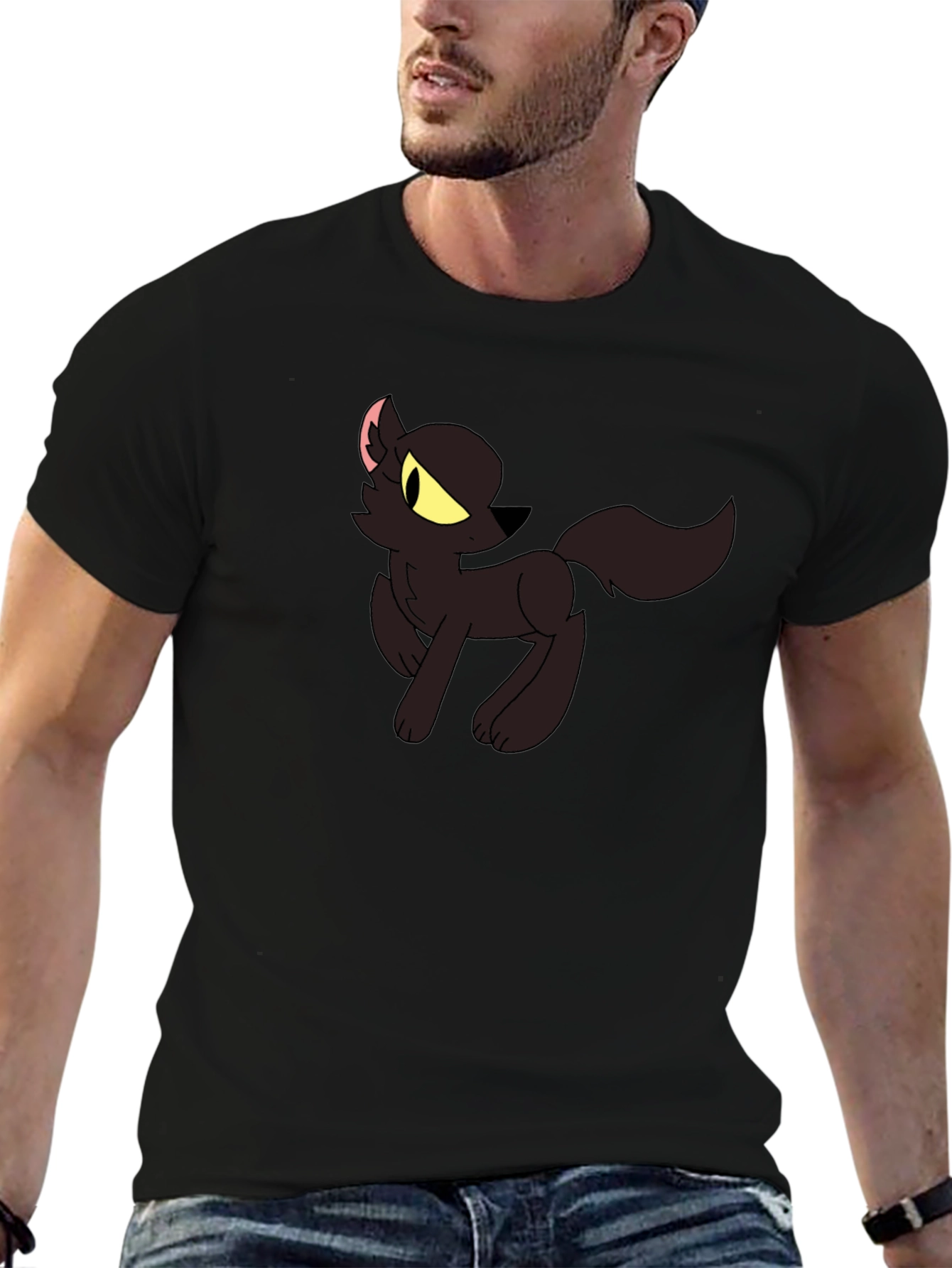 Black T-Shirt with Cartoon Wolf Design