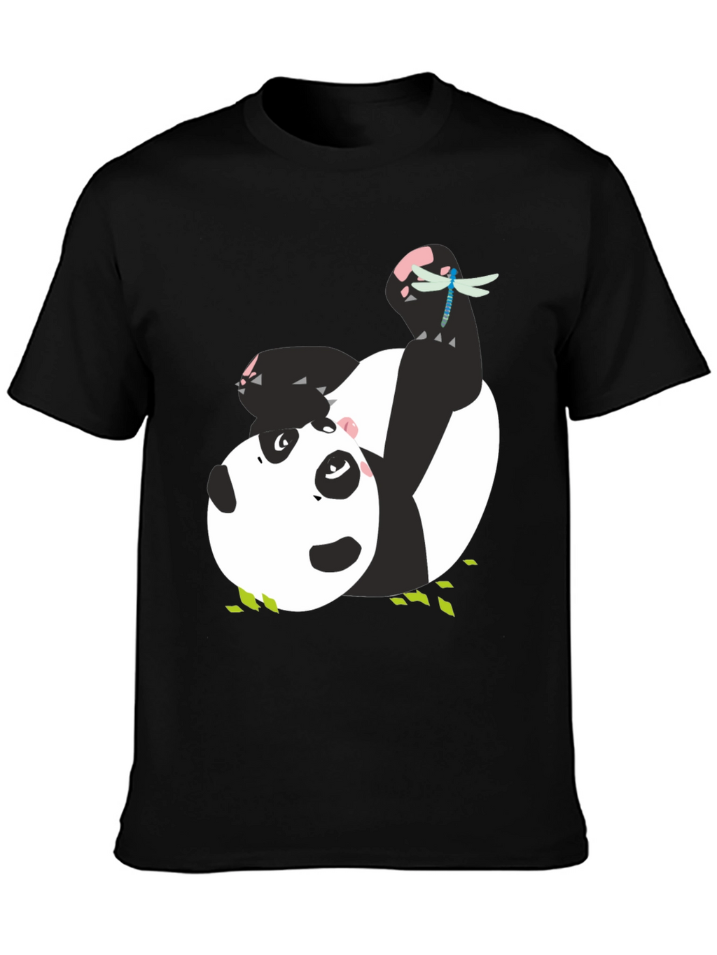 Cute Panda & Dragonfly Graphic Black T-Shirt