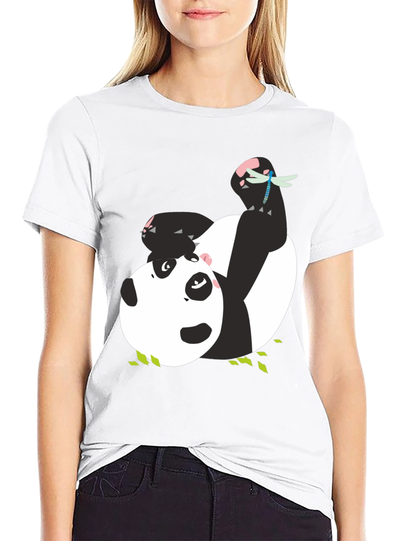 Cute Panda & Dragonfly Graphic Black T-Shirt