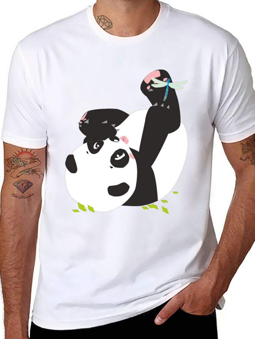 Cute Panda & Dragonfly Graphic Black T-Shirt