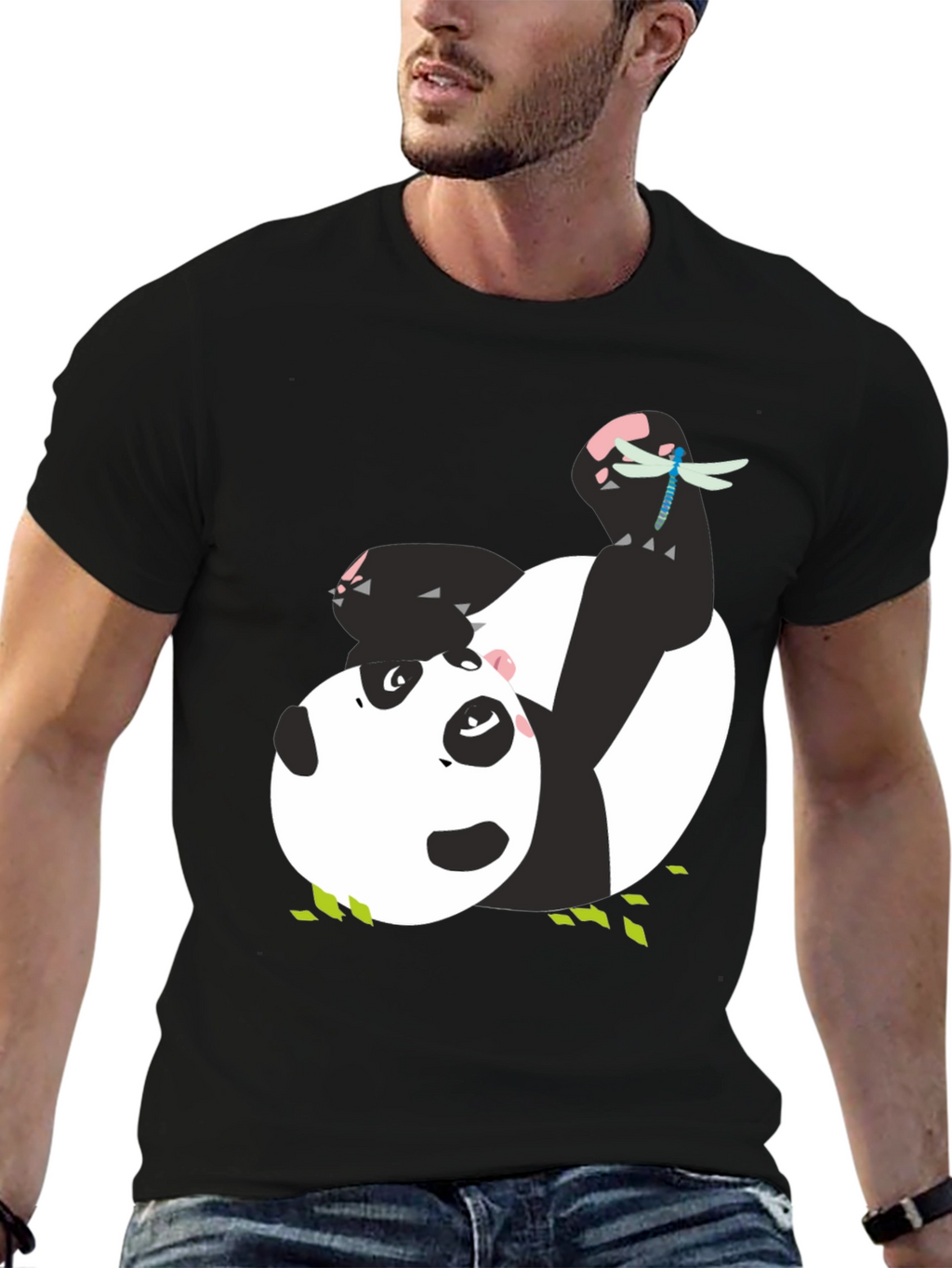 Cute Panda & Dragonfly Graphic Black T-Shirt
