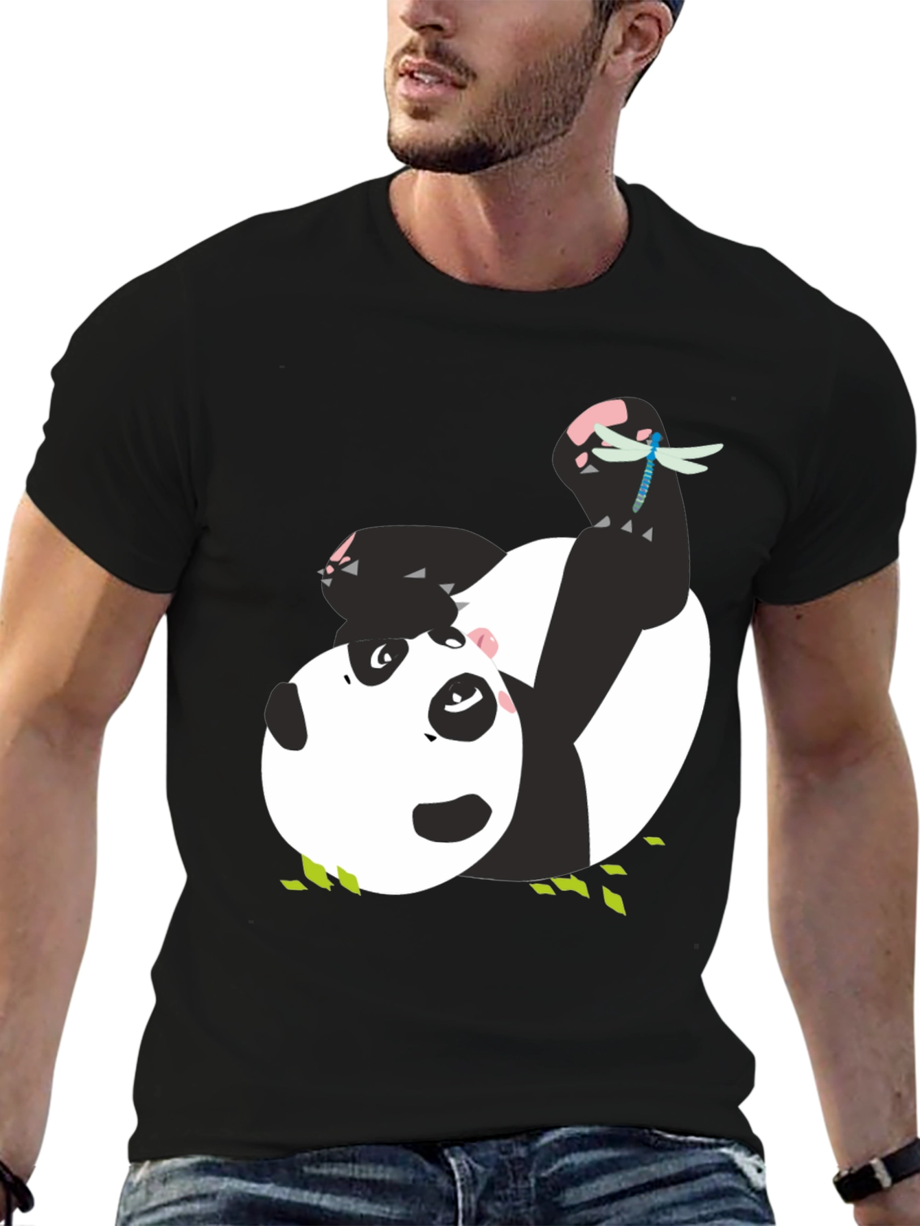 Cute Panda & Dragonfly Graphic Black T-Shirt
