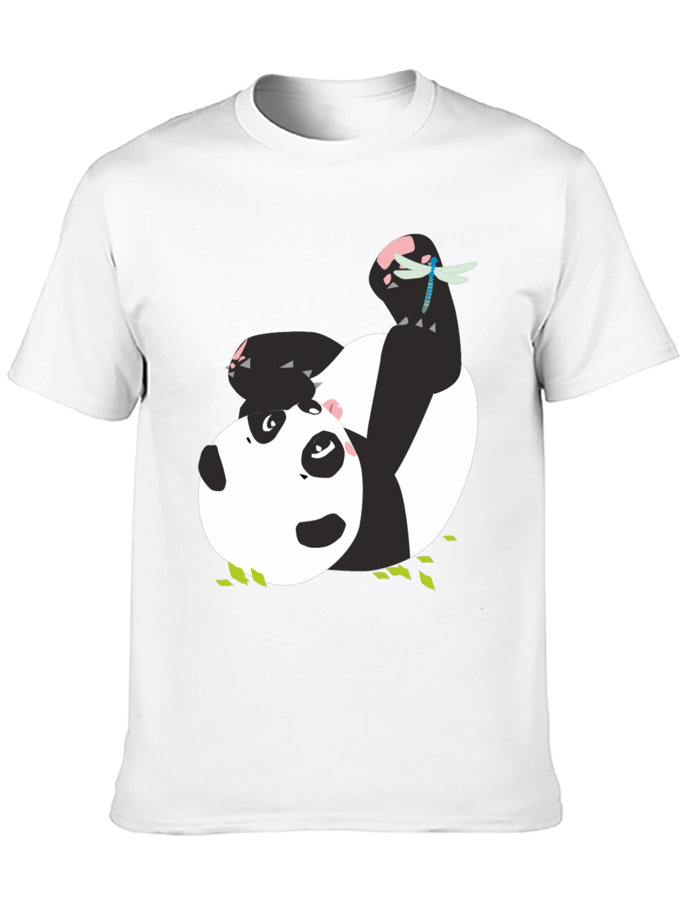Cute Panda & Dragonfly Graphic Black T-Shirt