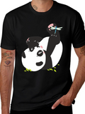 Cute Panda & Dragonfly Graphic Black T-Shirt