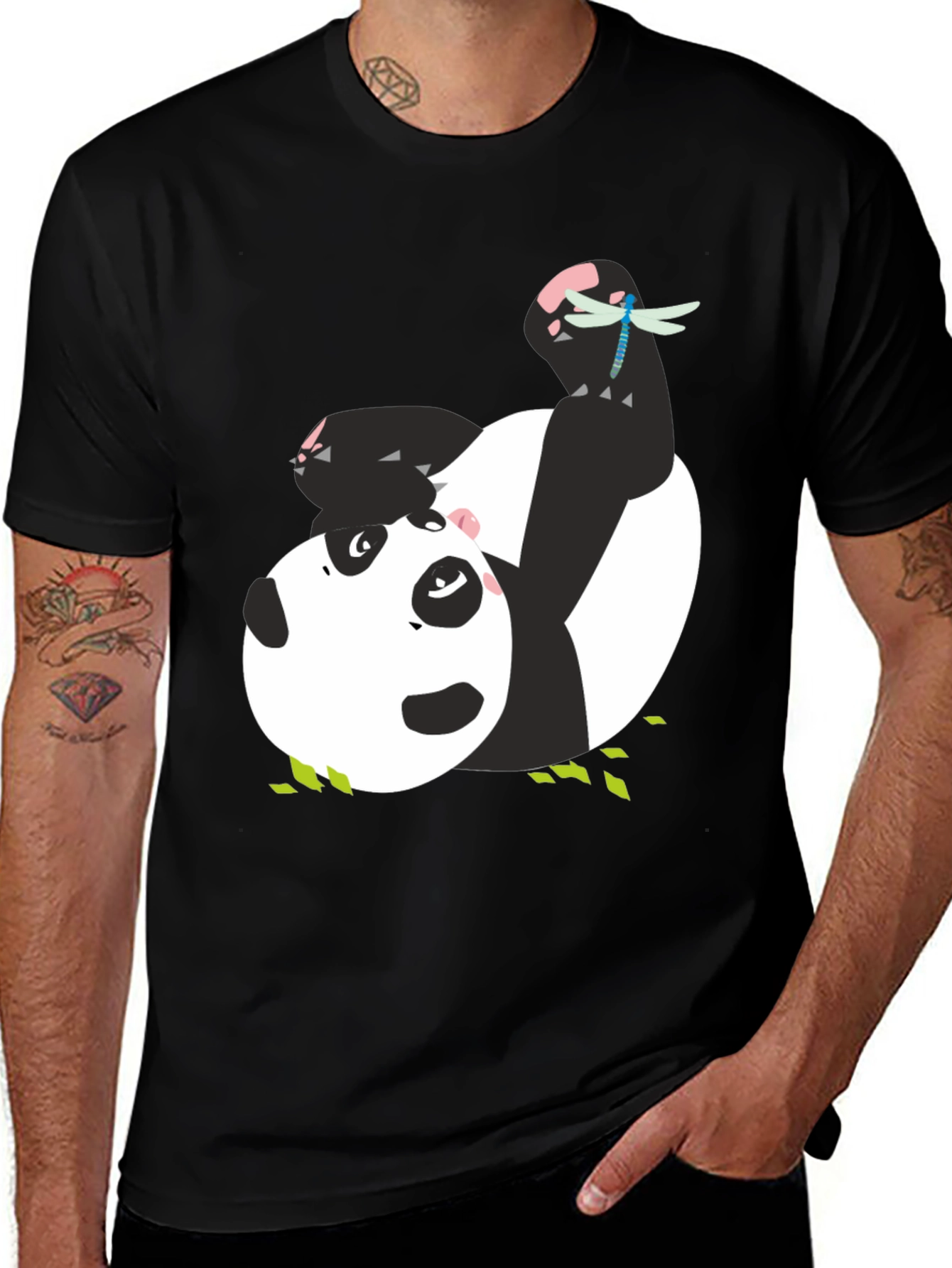 Cute Panda & Dragonfly Graphic Black T-Shirt