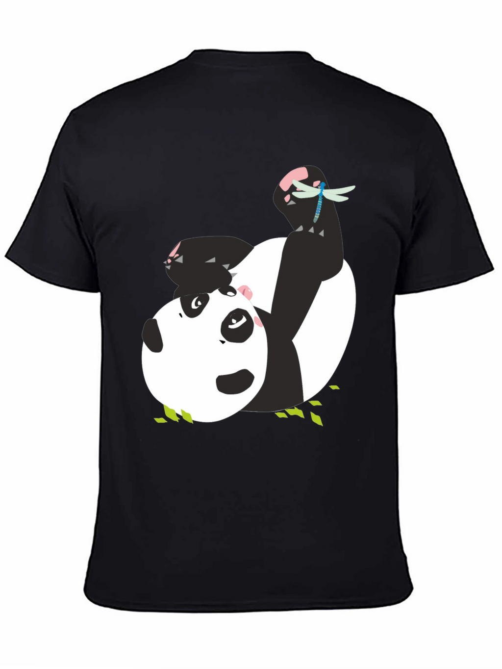 Cute Panda & Dragonfly Graphic Black T-Shirt