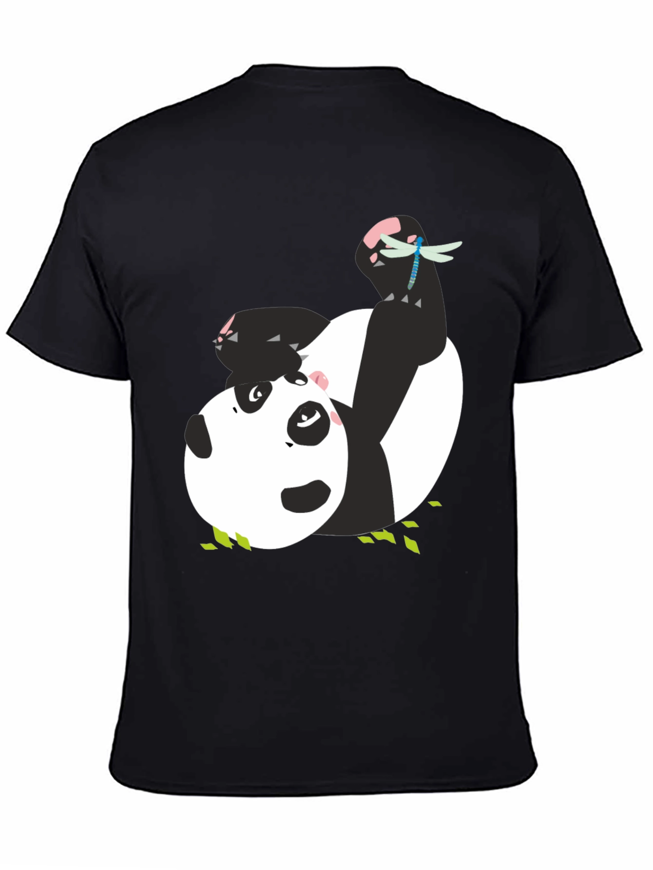 Cute Panda & Dragonfly Graphic Black T-Shirt