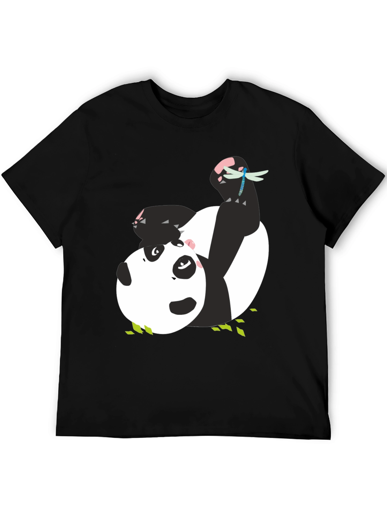 Cute Panda & Dragonfly Graphic Black T-Shirt
