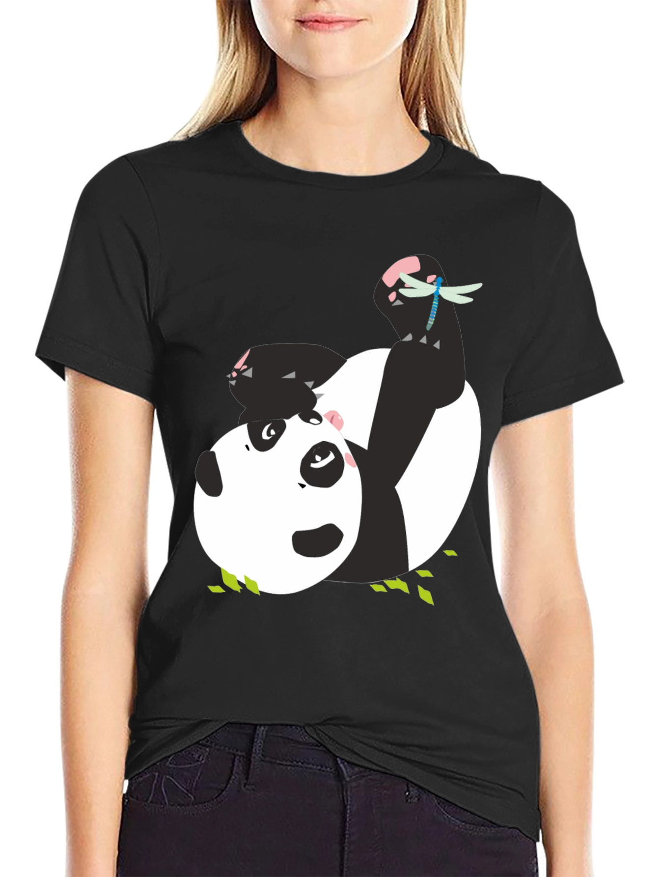 Cute Panda & Dragonfly Graphic Black T-Shirt