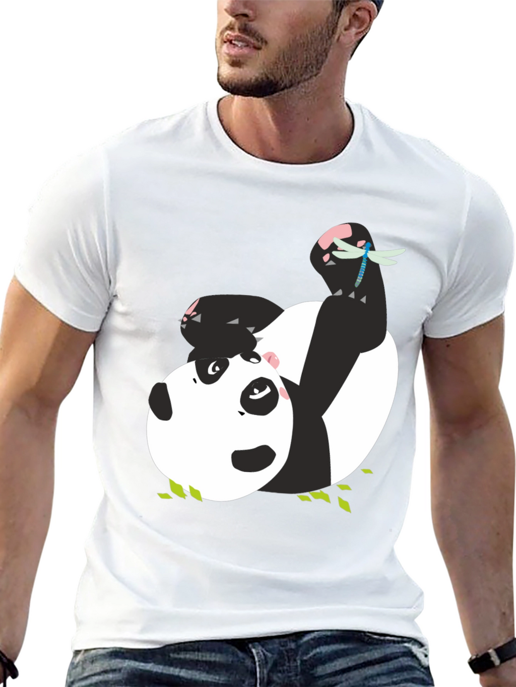 Cute Panda & Dragonfly Graphic Black T-Shirt