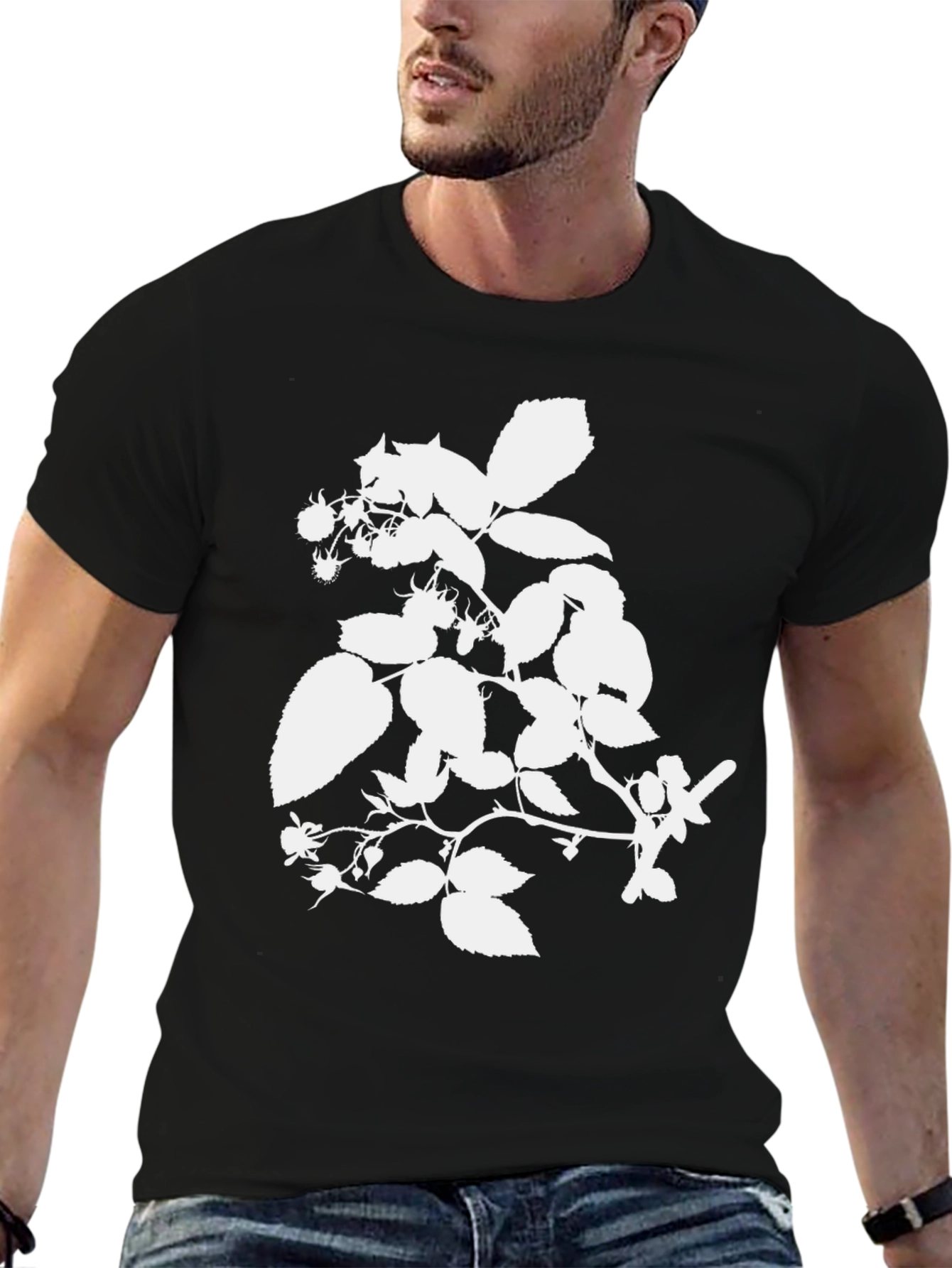 Botanical White Print Black Tee