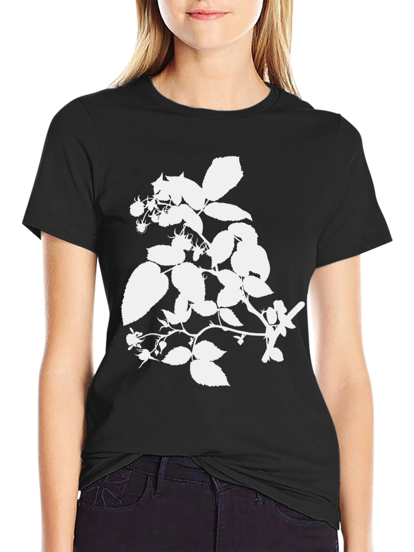 Botanical White Print Black Tee
